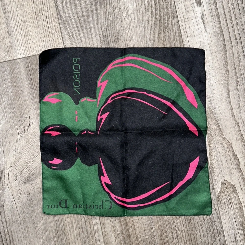 VTG Christian Dior POISON Mini Scarf Handkerchief Hankie black Pink Bottle EUC